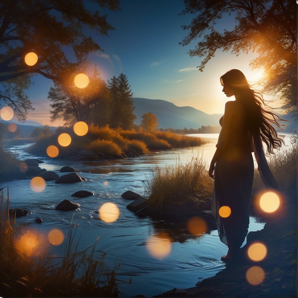 Silhouette of Woman by Tranquil River at Sunset