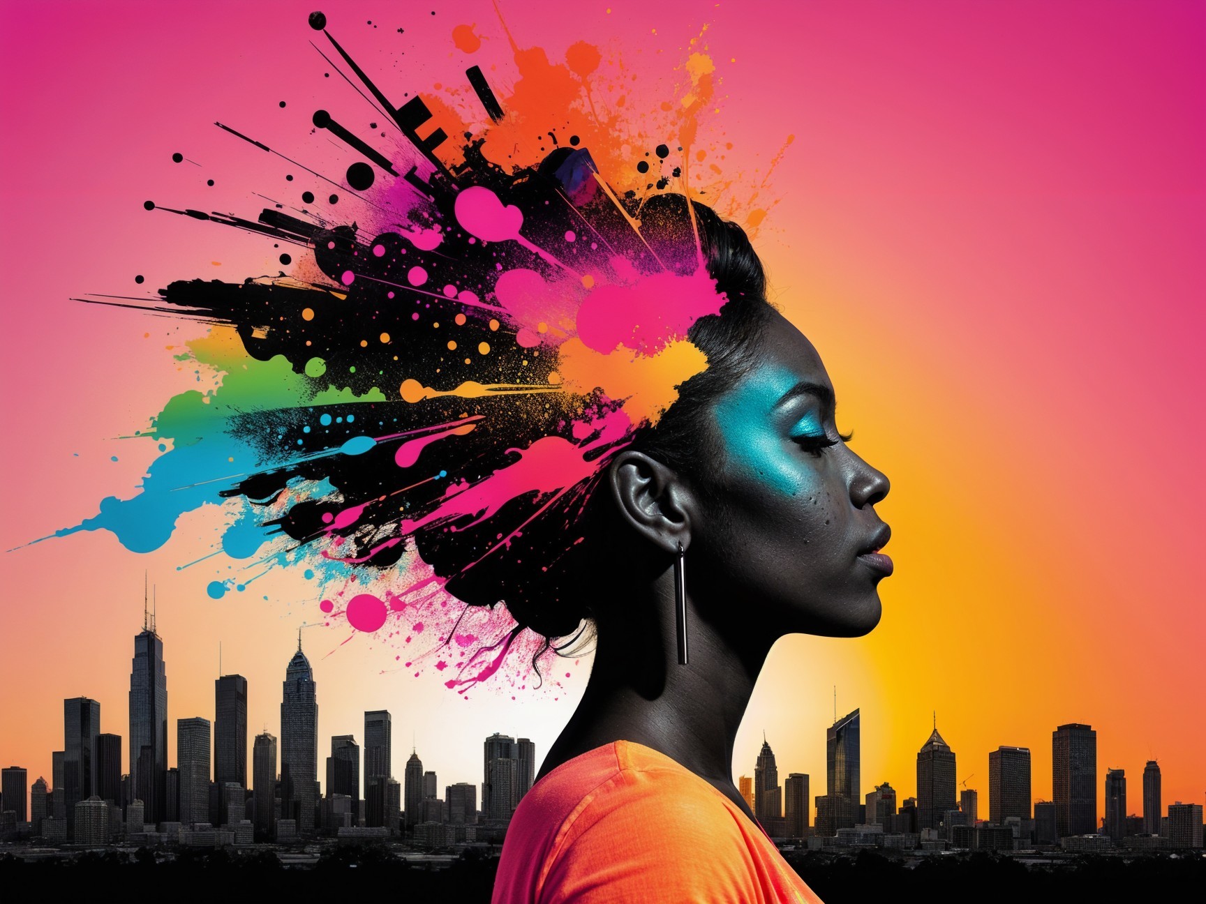 Silhouette of a woman with colorful sunset backdrop