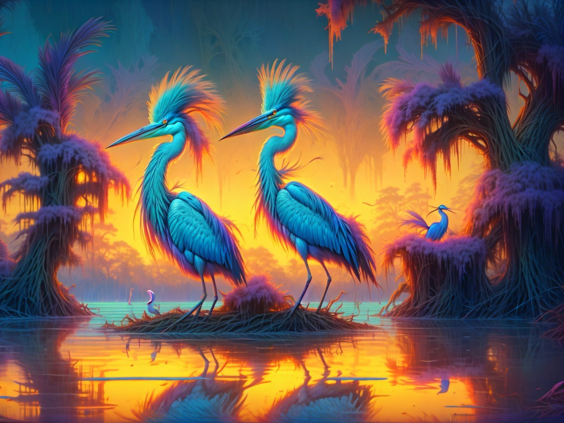 Surreal Landscape with Herons at Sunset