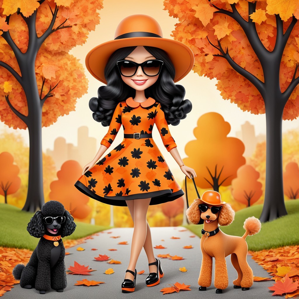 Fashionable Woman in Orange Dress with Playful Dogs