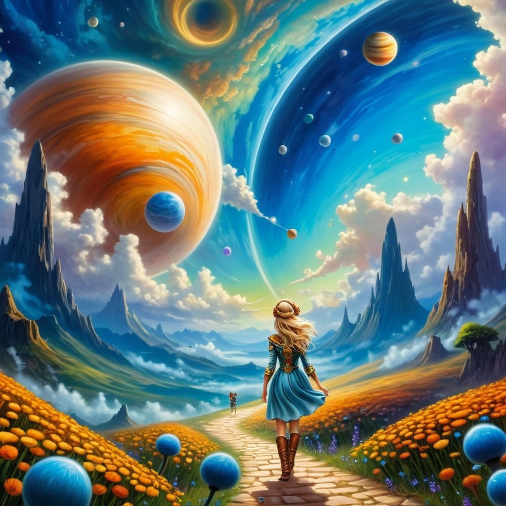 Young girl in blue dress on a flower-lined path