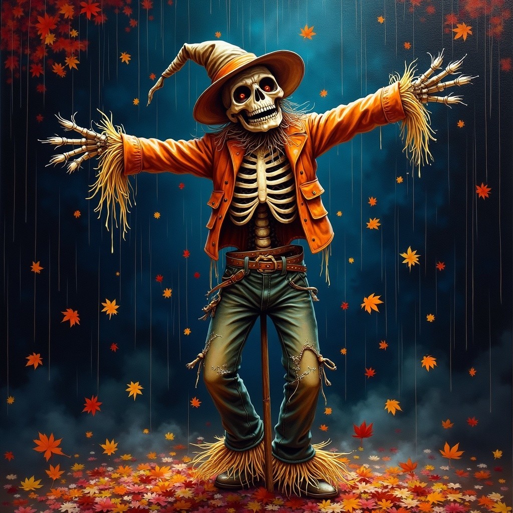 Whimsical Scarecrow Skeleton in Autumn Setting