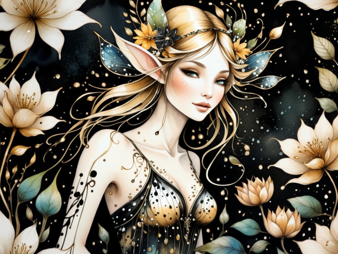 Ethereal Elf Girl in Fantasy Illustration with Flowers
