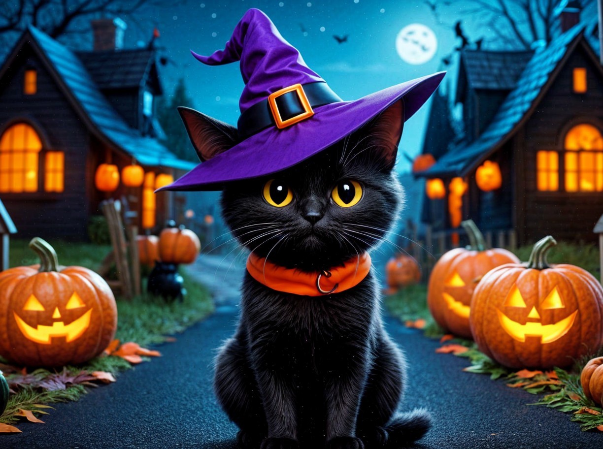 Whimsical Black Cat in Halloween Neighborhood Scene
