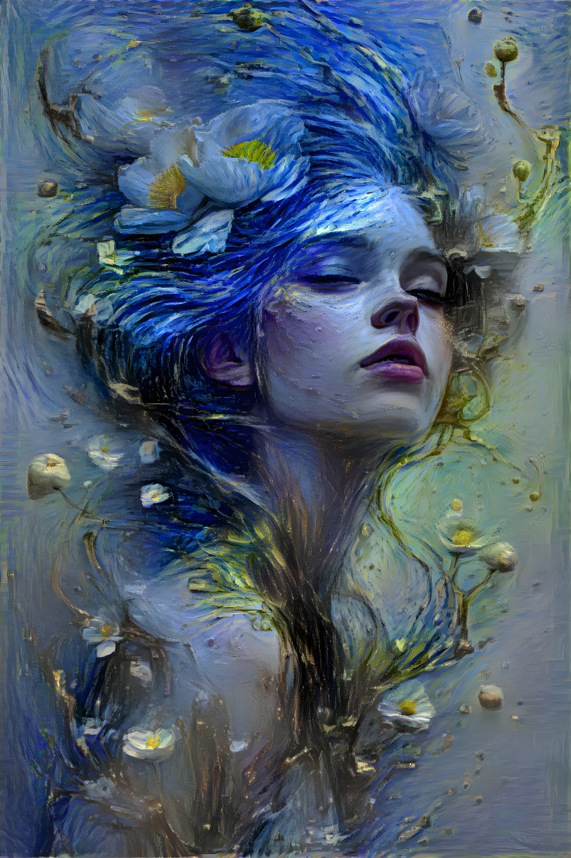Dreamlike Portrait of a Woman with Blue Hair and Flowers