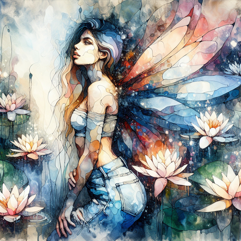 Mystical Figure with Butterfly Wings and Water Lilies