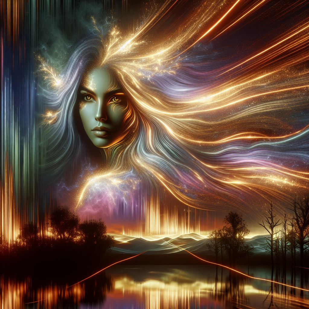 Ethereal Face in Vibrant Cosmic Landscape with Lake