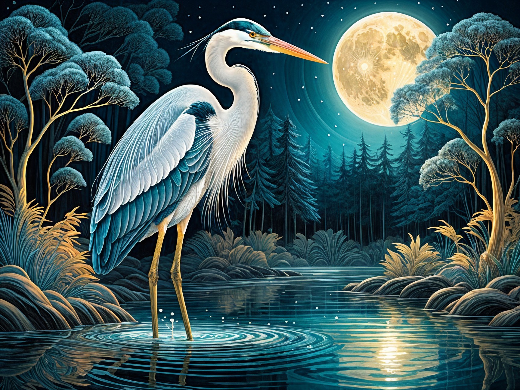 Heron in Tranquil River Under Full Moonlight