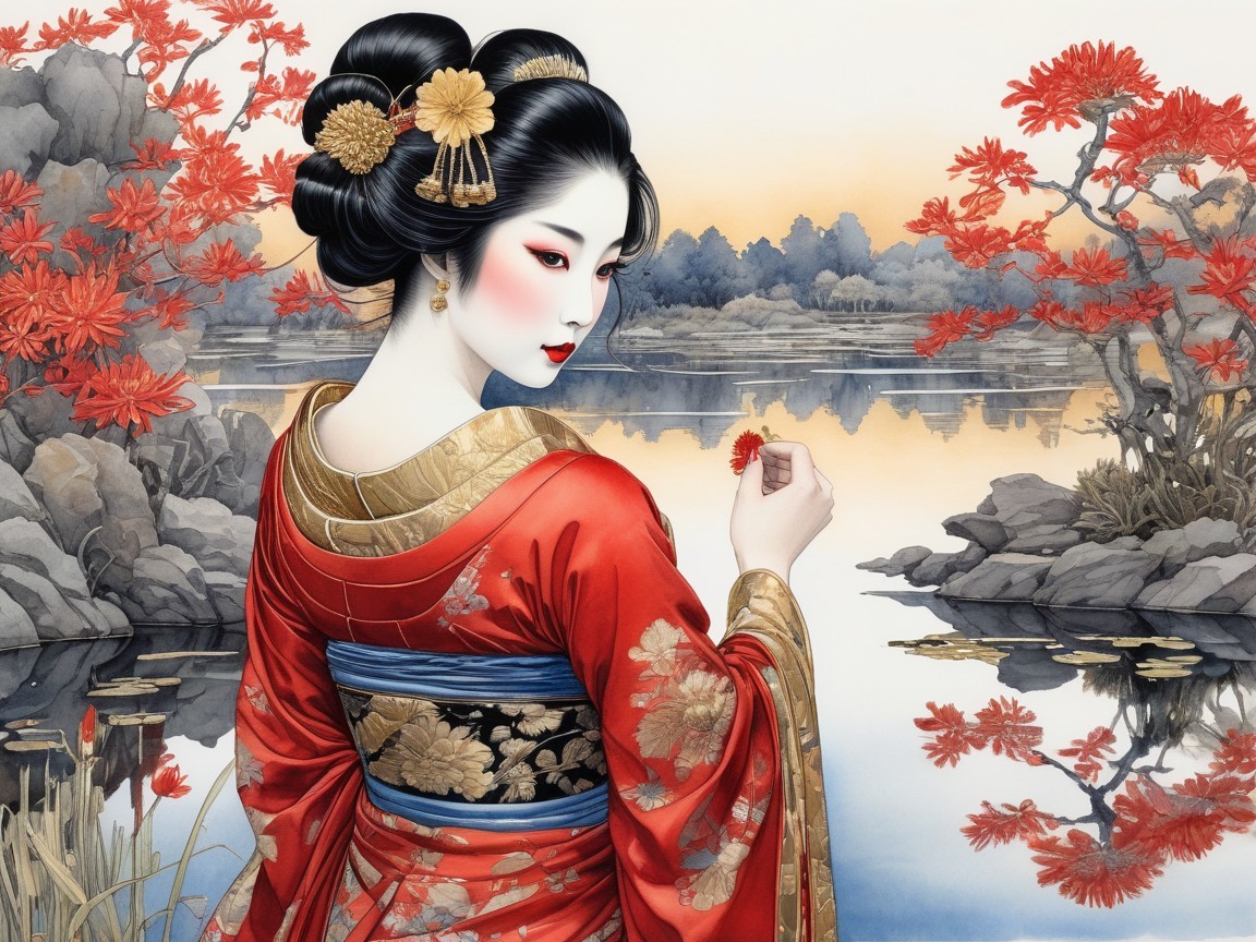 Woman in red kimono by serene autumn lake
