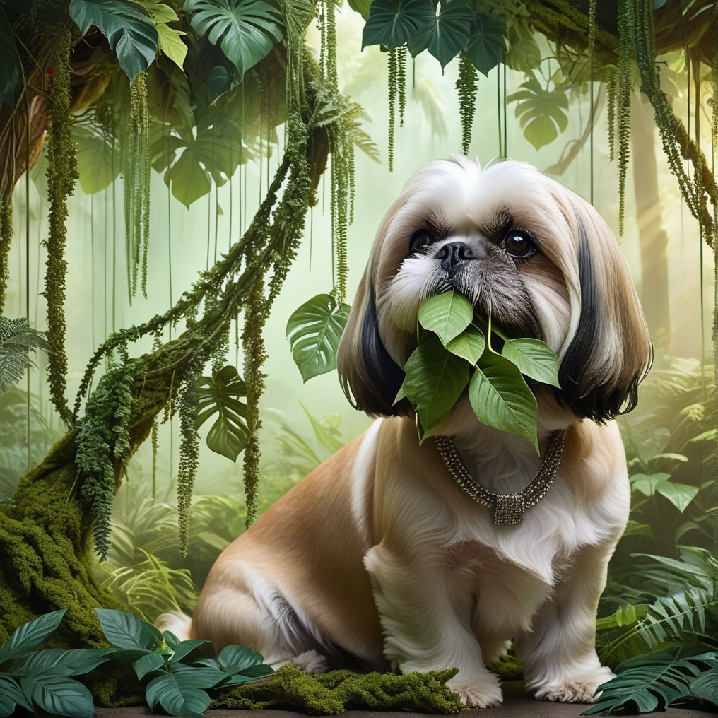 Fluffy Shih Tzu in a Lush Jungle Setting