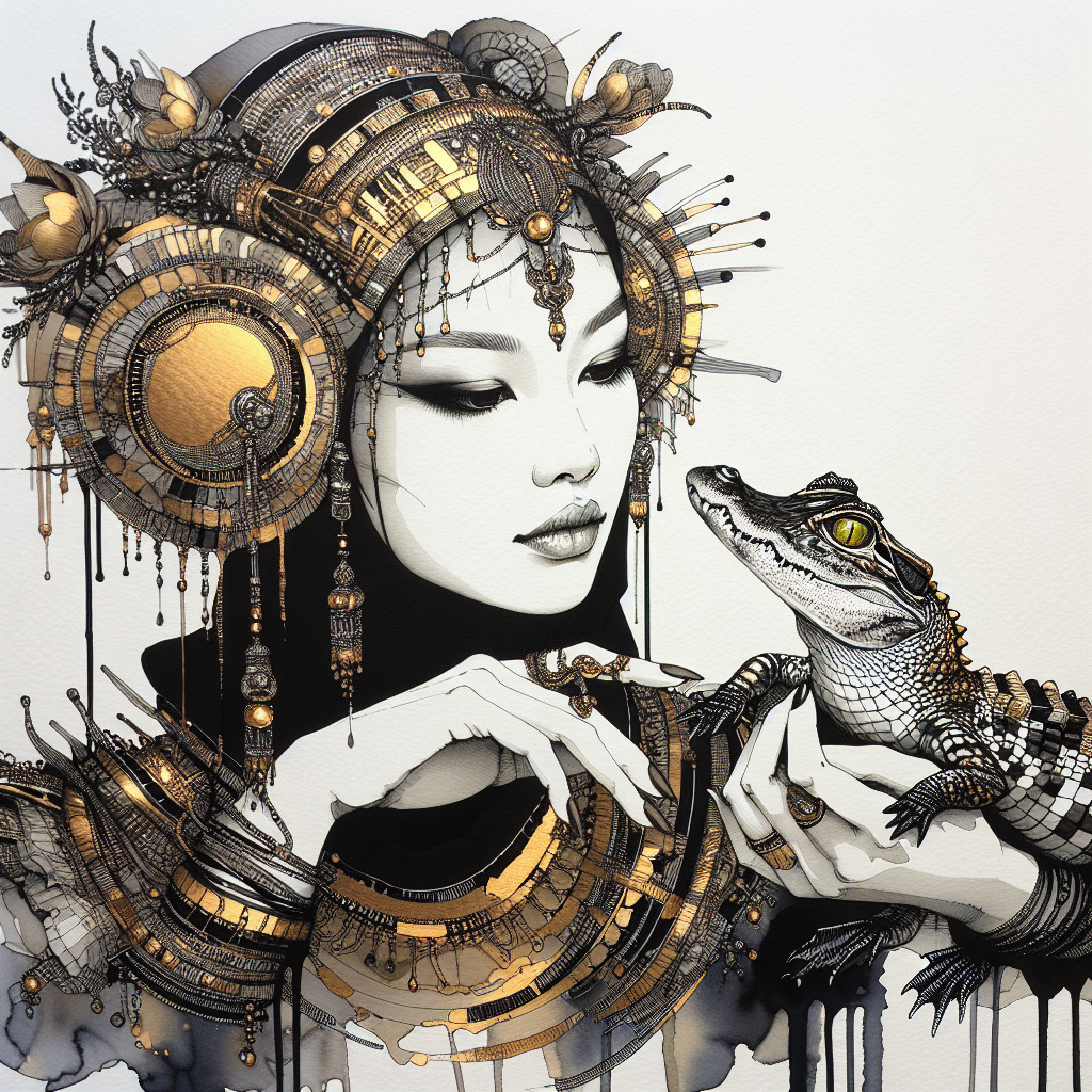 Female Figure with Jewelry and Crocodile in Artwork