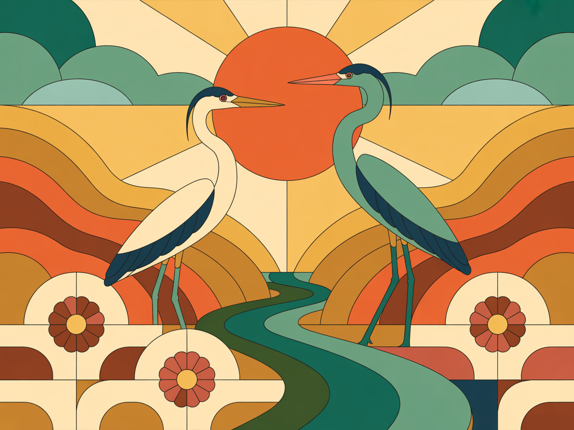 Stylized herons against a vibrant sunset backdrop