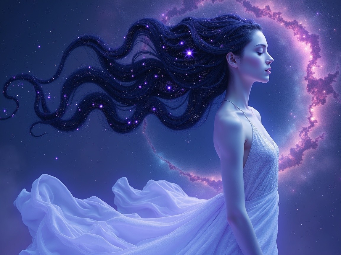 Ethereal Woman in Celestial Scene with Nebula Background
