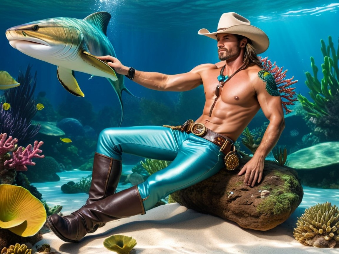 Muscular Man in Turquoise Pants Underwater Scene