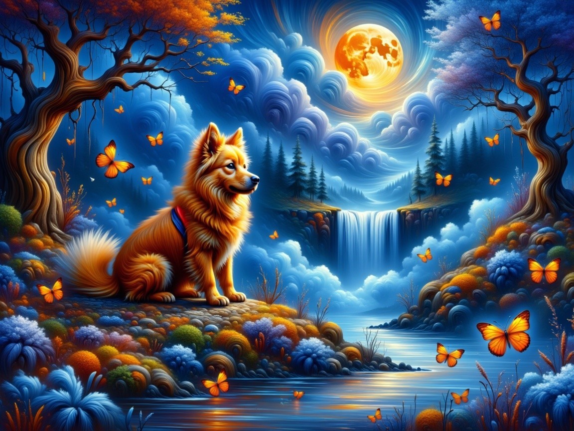 Vibrant Landscape with Dog by a Serene River
