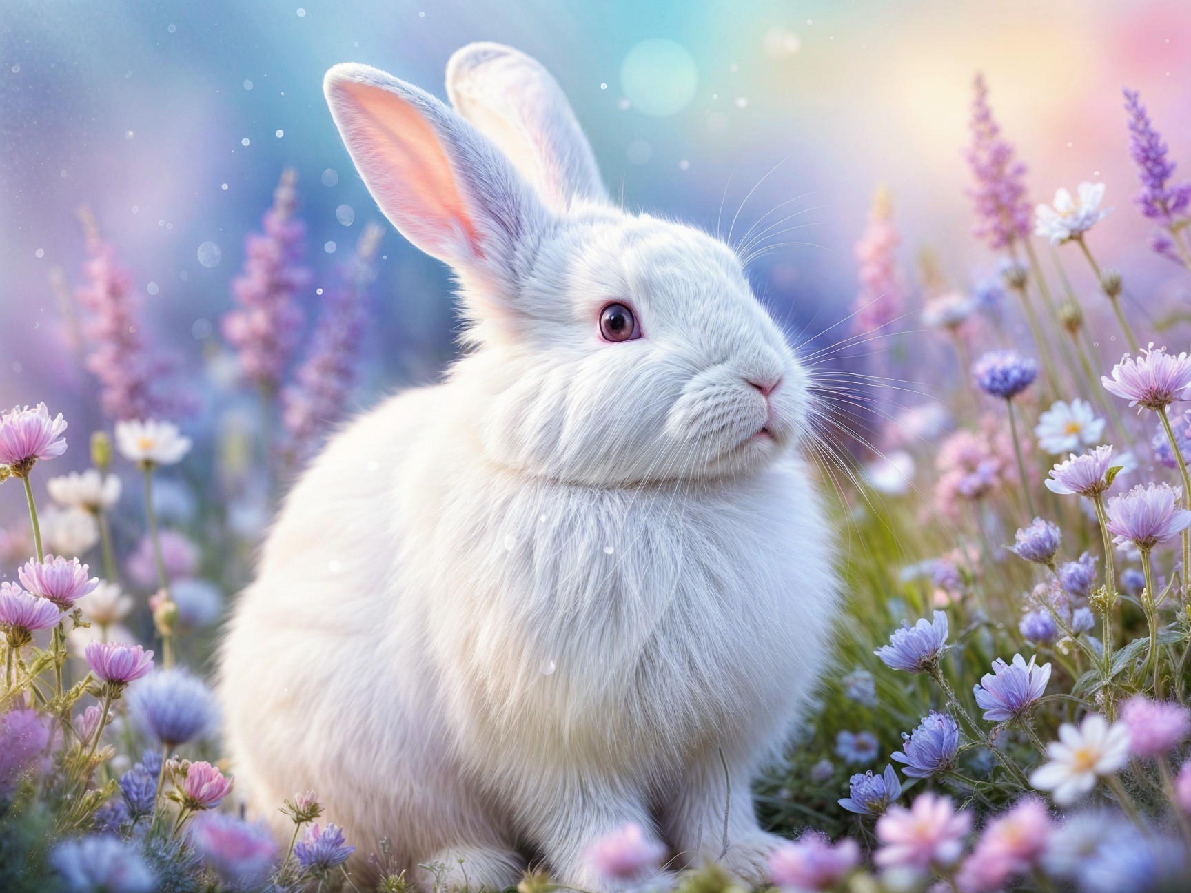 Fluffy White Rabbit Surrounded by Vibrant Flowers