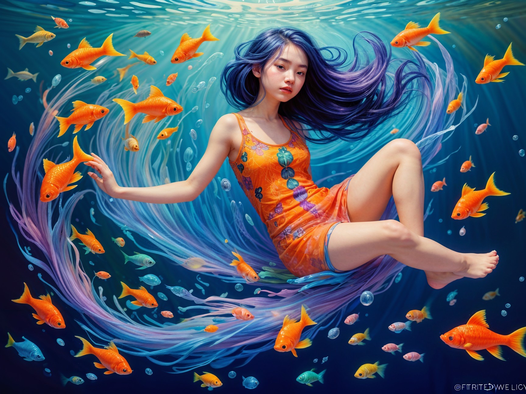 Young Woman Swimming with Goldfish in Underwater Scene