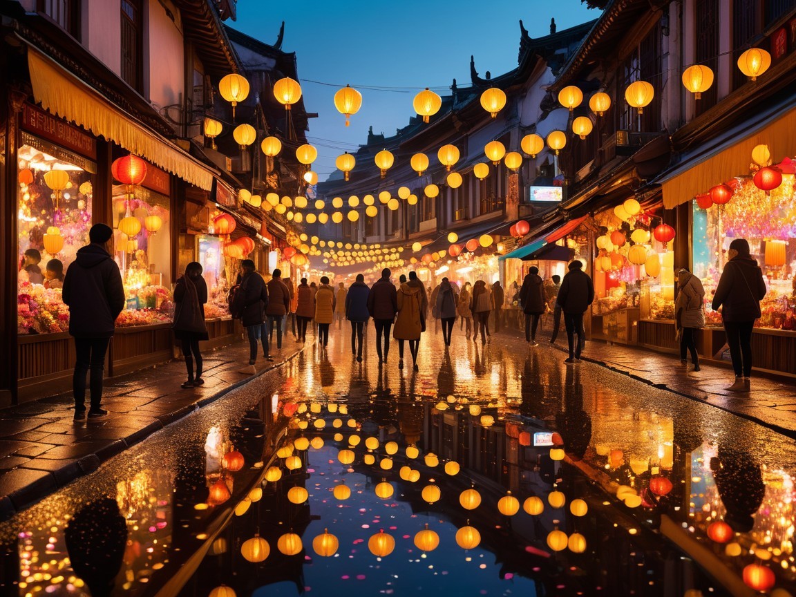 Vibrant Dusk Street Scene with Colorful Lanterns