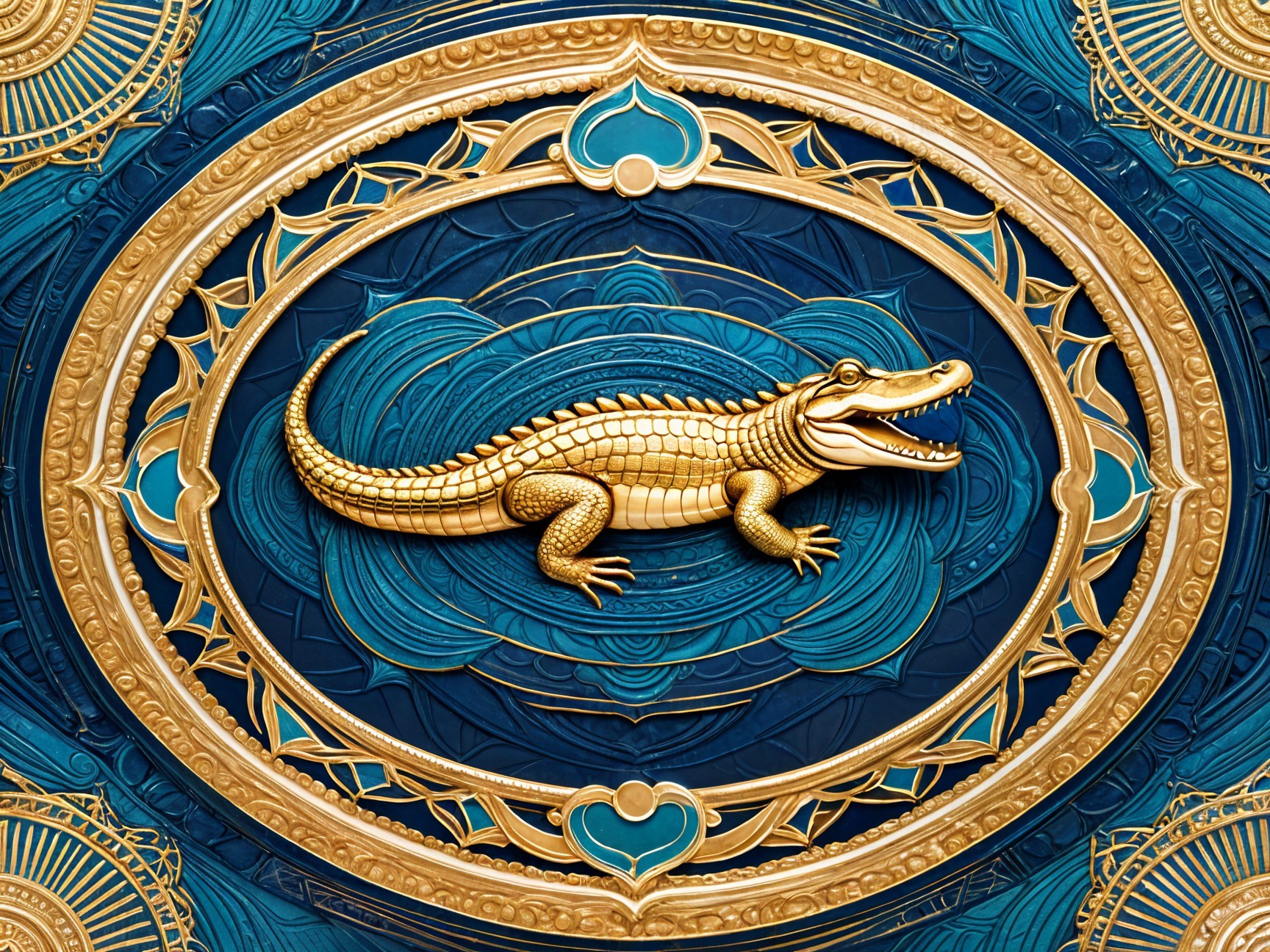 Golden Crocodile Wall Relief on Blue Background