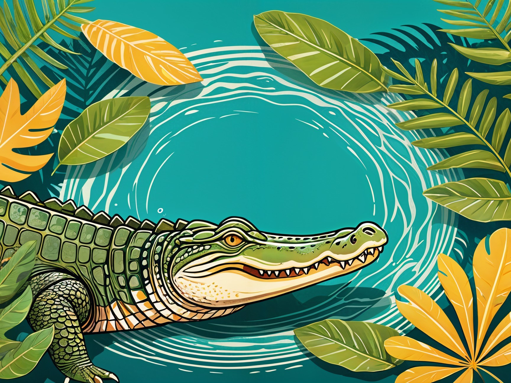 Crocodile in Tropical Water Surrounded by Foliage
