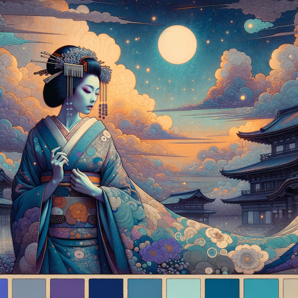Asian Woman in Kimono with Moon and Clouds Background