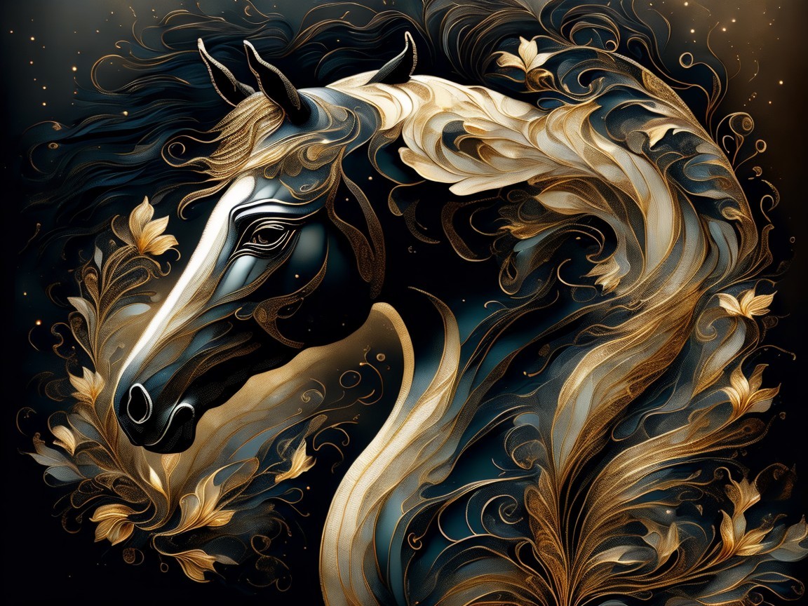 Intricate Horse Head Silhouette with Golden Foliage
