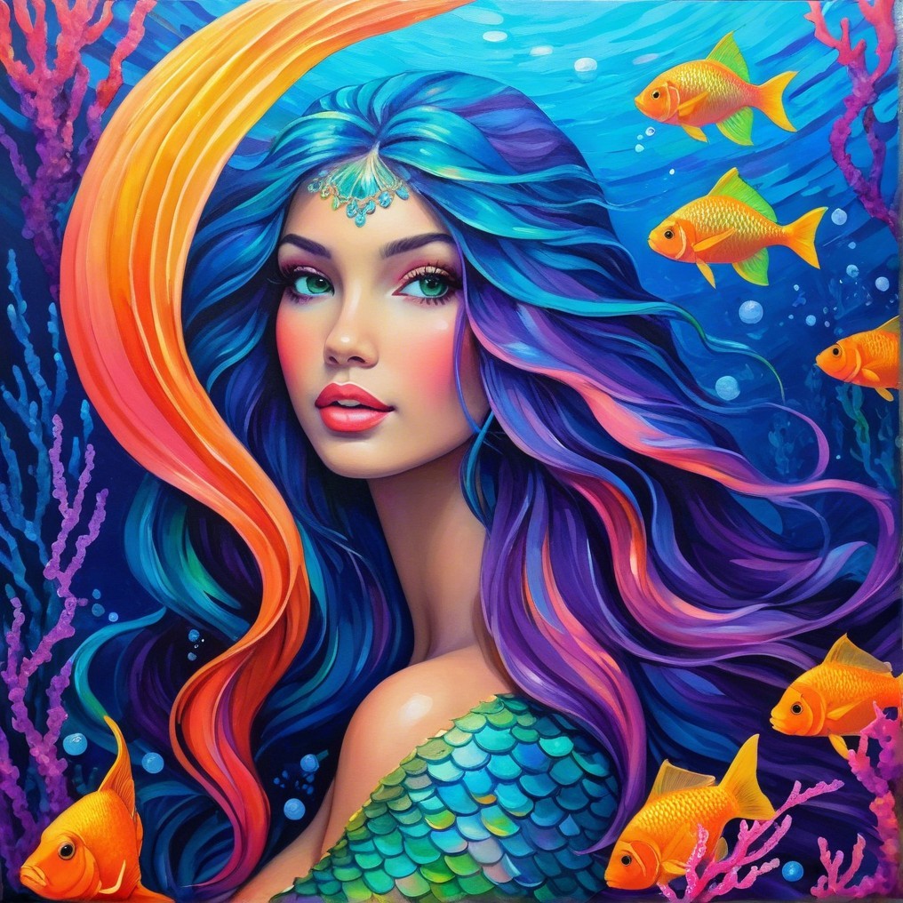 Vibrant Underwater Scene with Colorful Mermaid and Coral