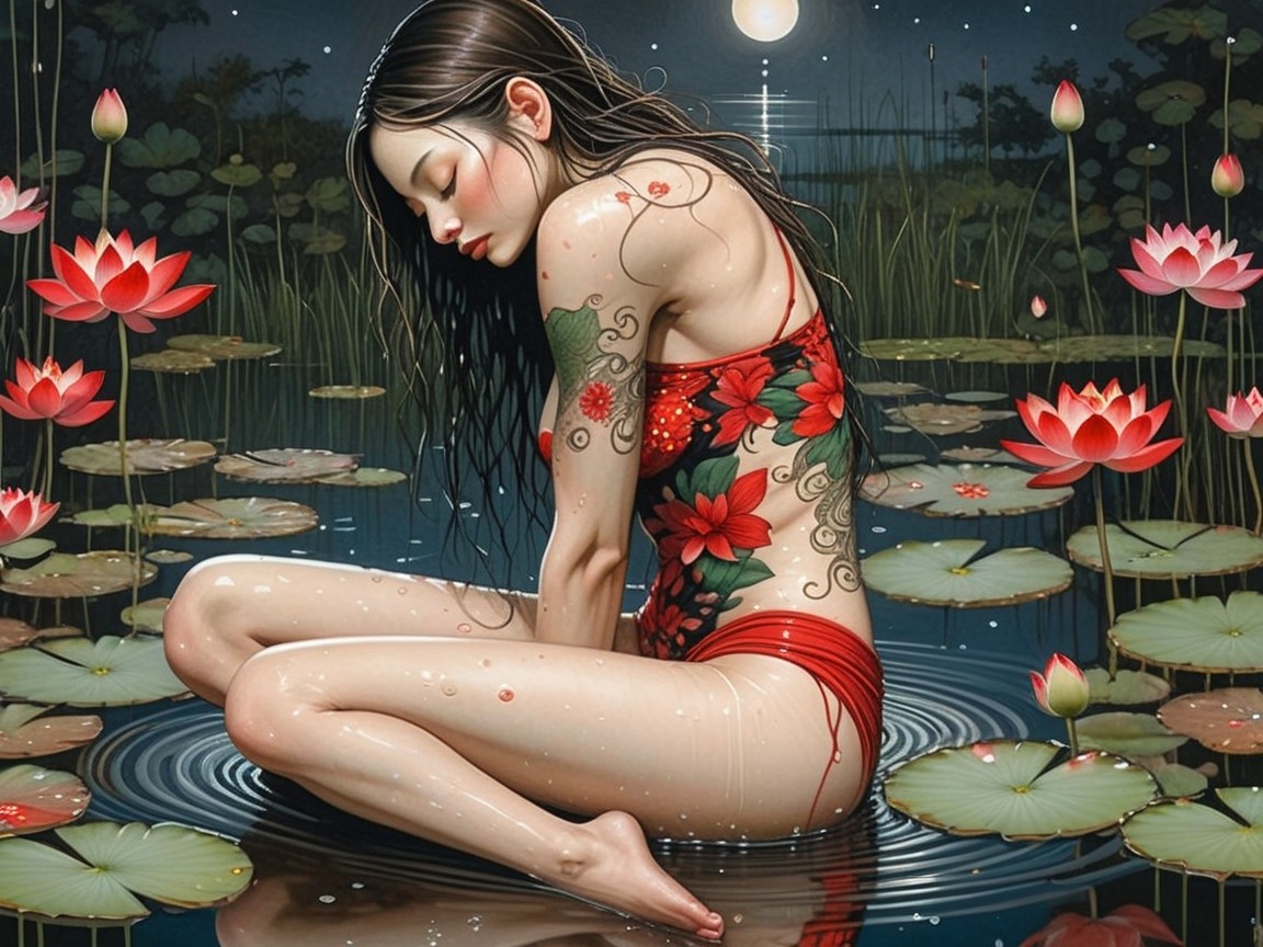 Young Woman in Tranquil Pond with Lotus Flowers