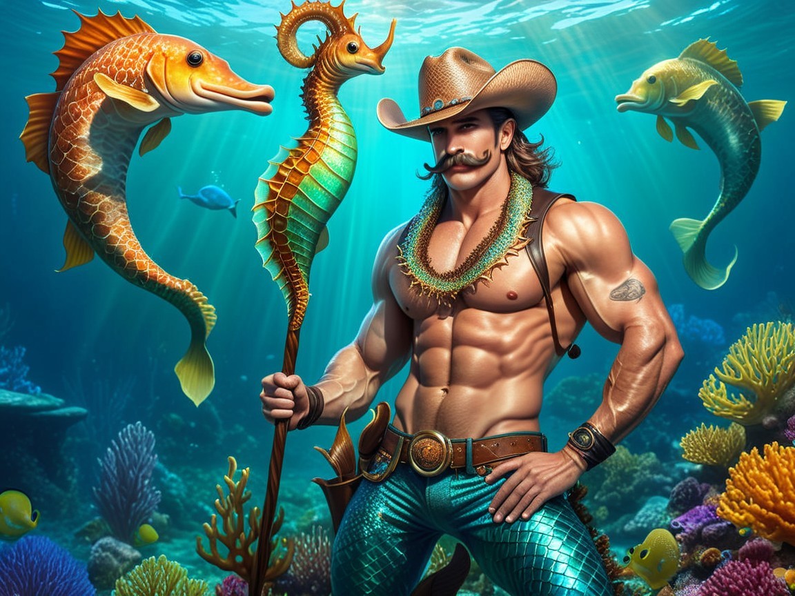 Muscular Merman in Cowboy Hat Underwater Scene