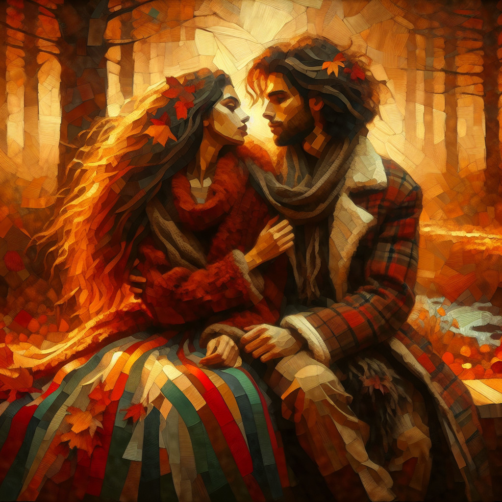 Couple in Autumn Forest Surrounded by Colorful Leaves