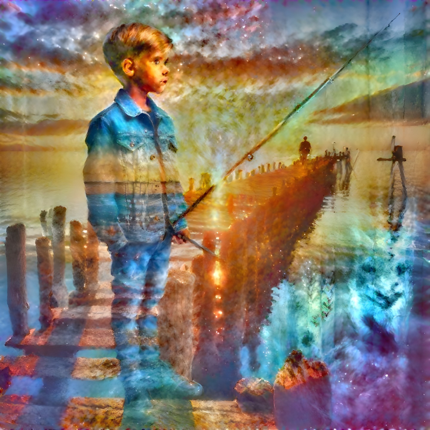 Young Boy Fishing on a Cosmic Landscape Pier