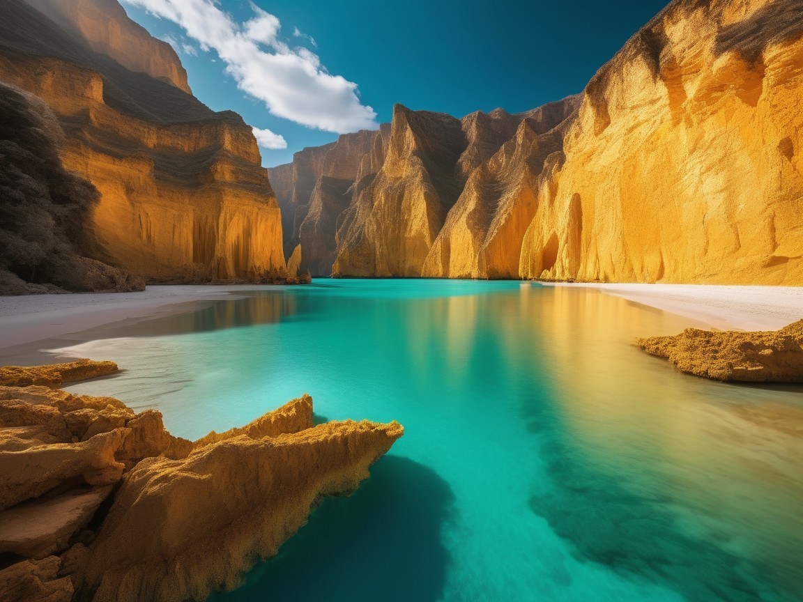 Golden Cliffs and Turquoise Waters in Serene Bay