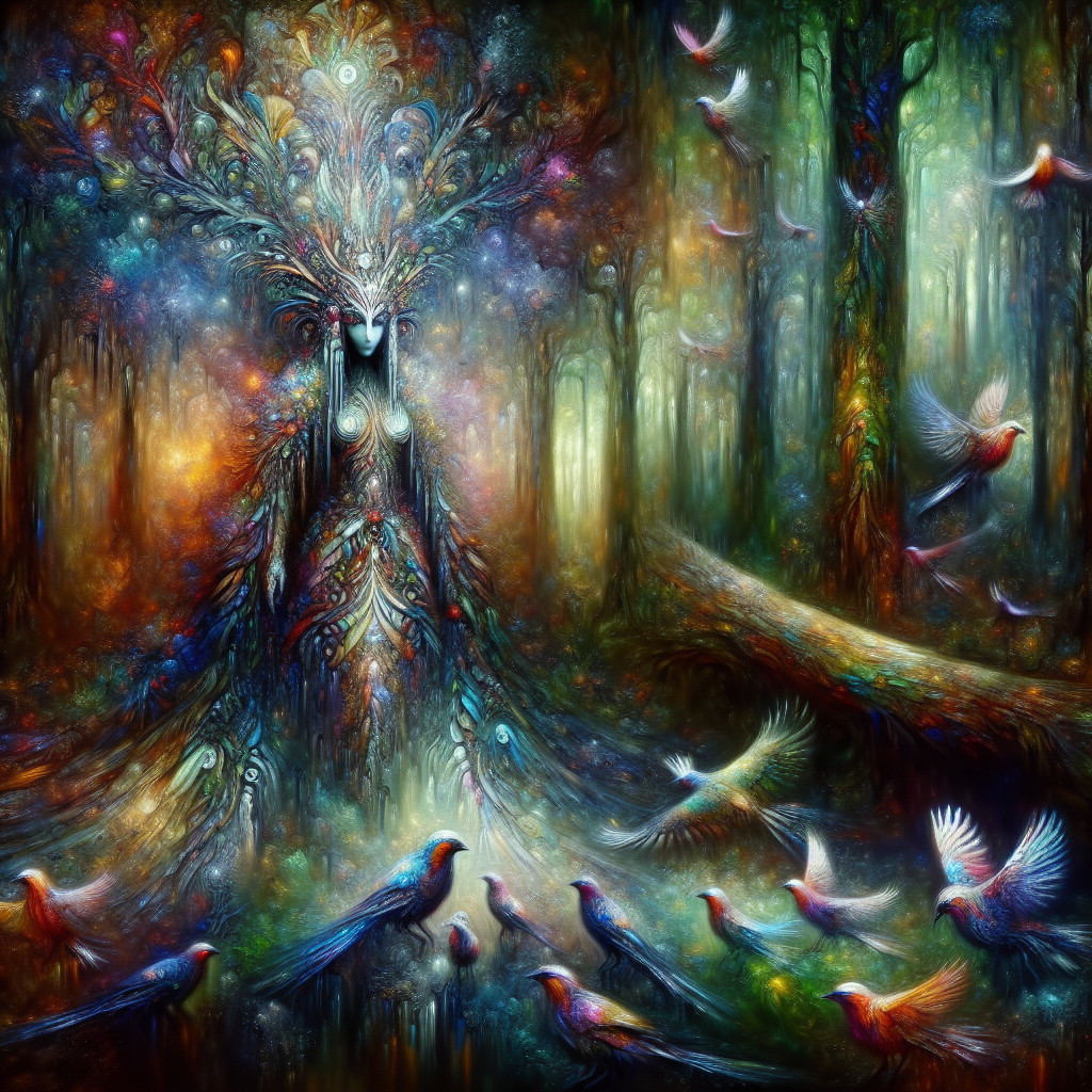Mystical Figure in a Colorful Forest Setting