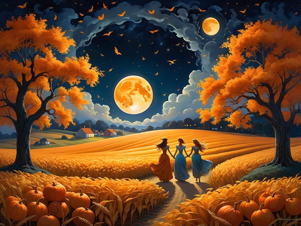Autumn Landscape with Women in Flowing Dresses