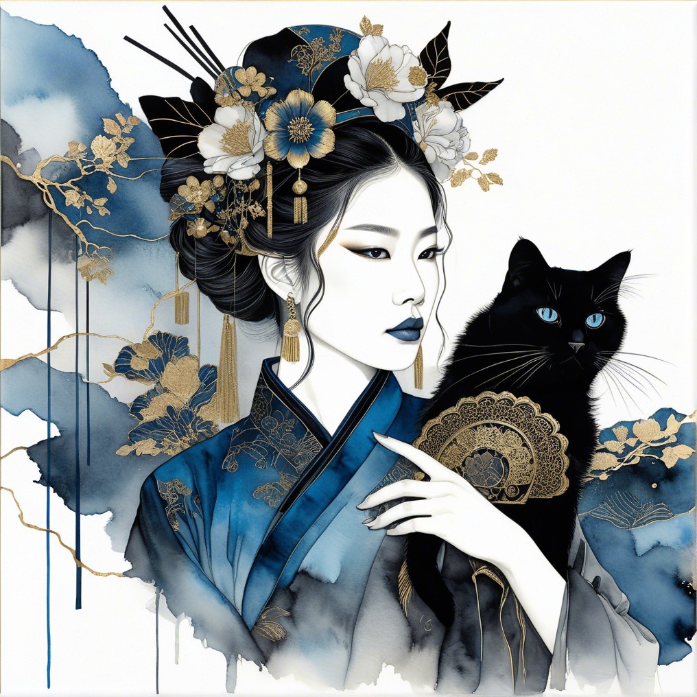 Serene Woman in Traditional Attire with Black Cat
