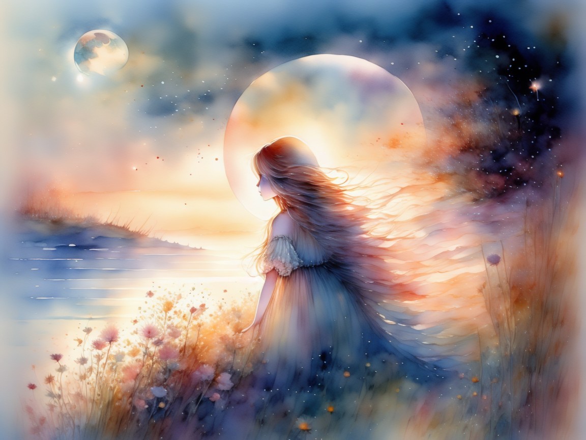Serene Scene of a Woman by a Tranquil Lake at Night