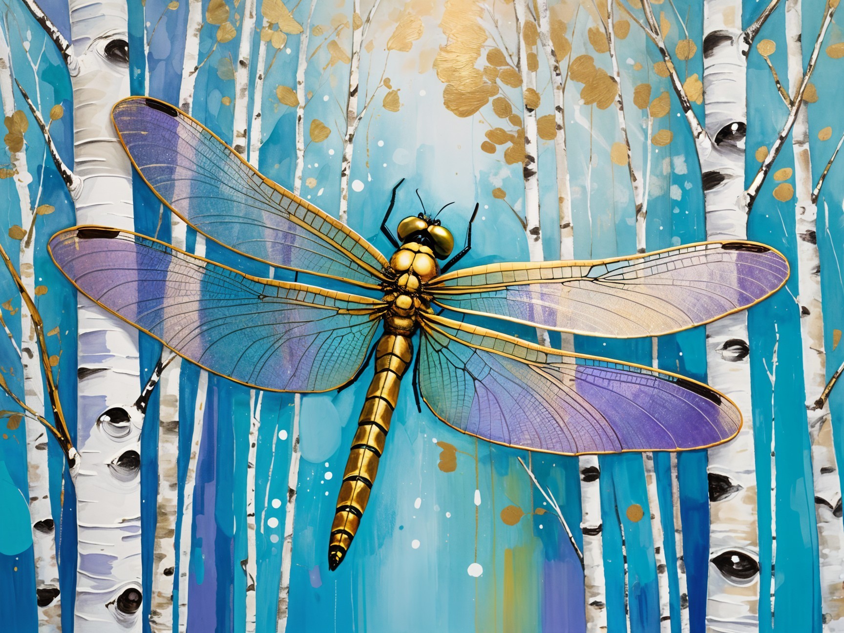 Vibrant Dragonfly Artwork with Birch Tree Background