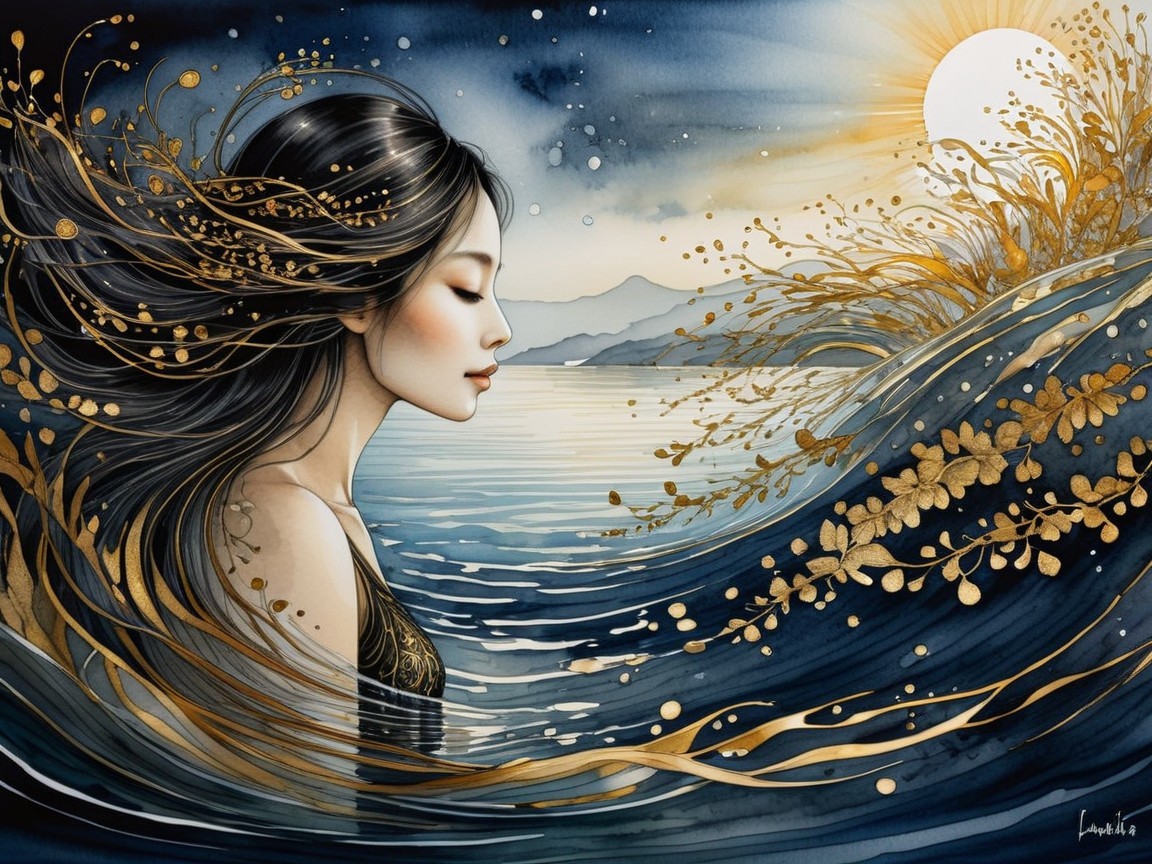 Serene Woman Surrounded by Golden Ocean Waves