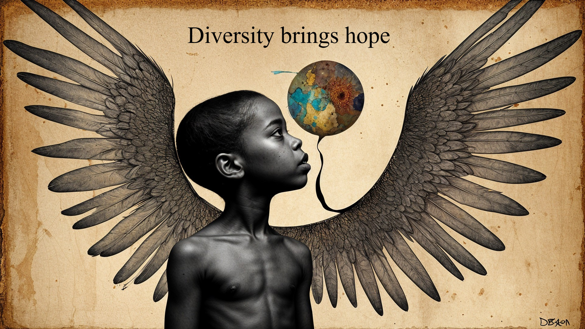 Young Boy with Wings Against Sepia Background