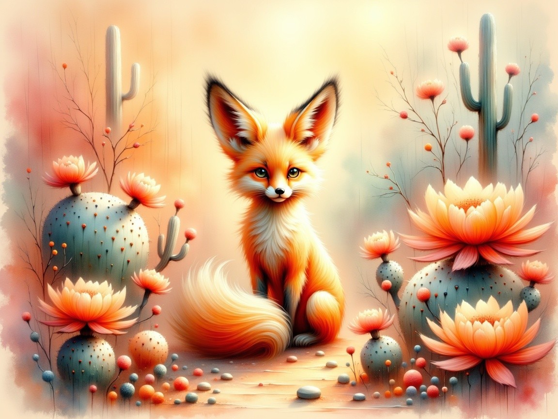 Charming fox in a colorful desert landscape scene
