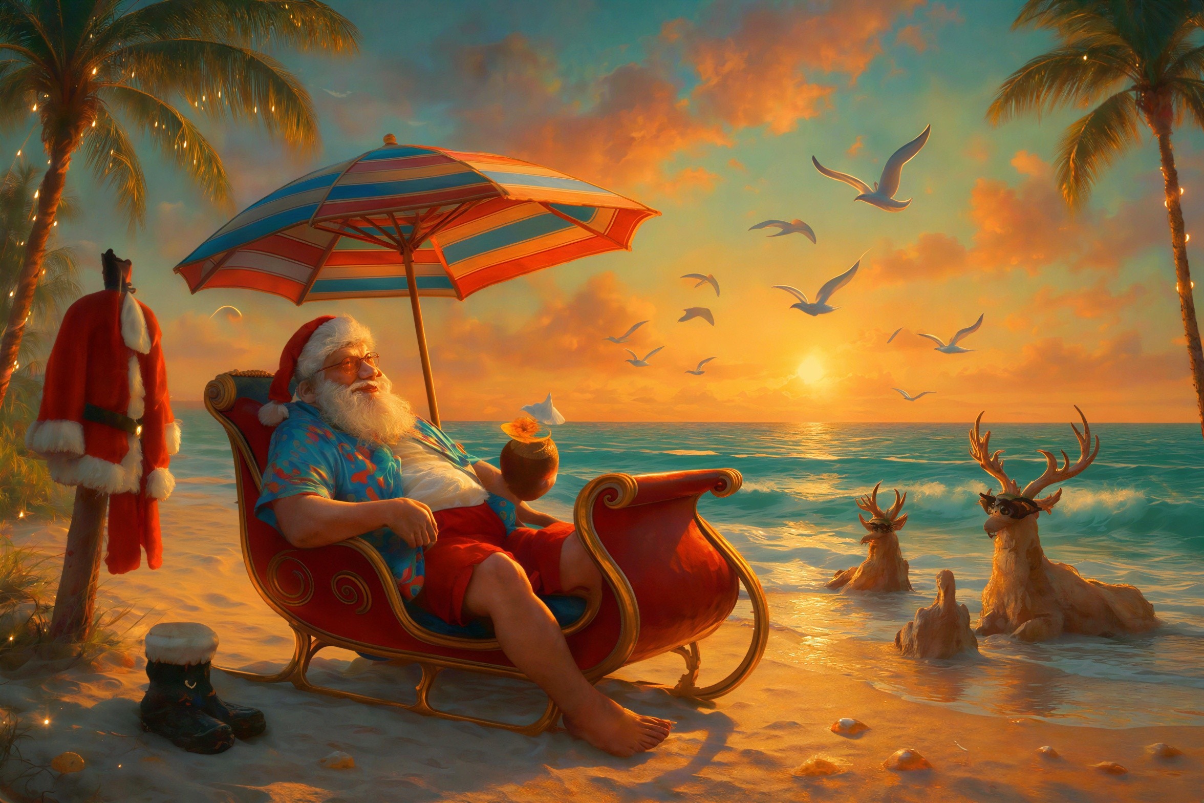 Santa Claus Relaxing on a Tropical Beach in Sleigh