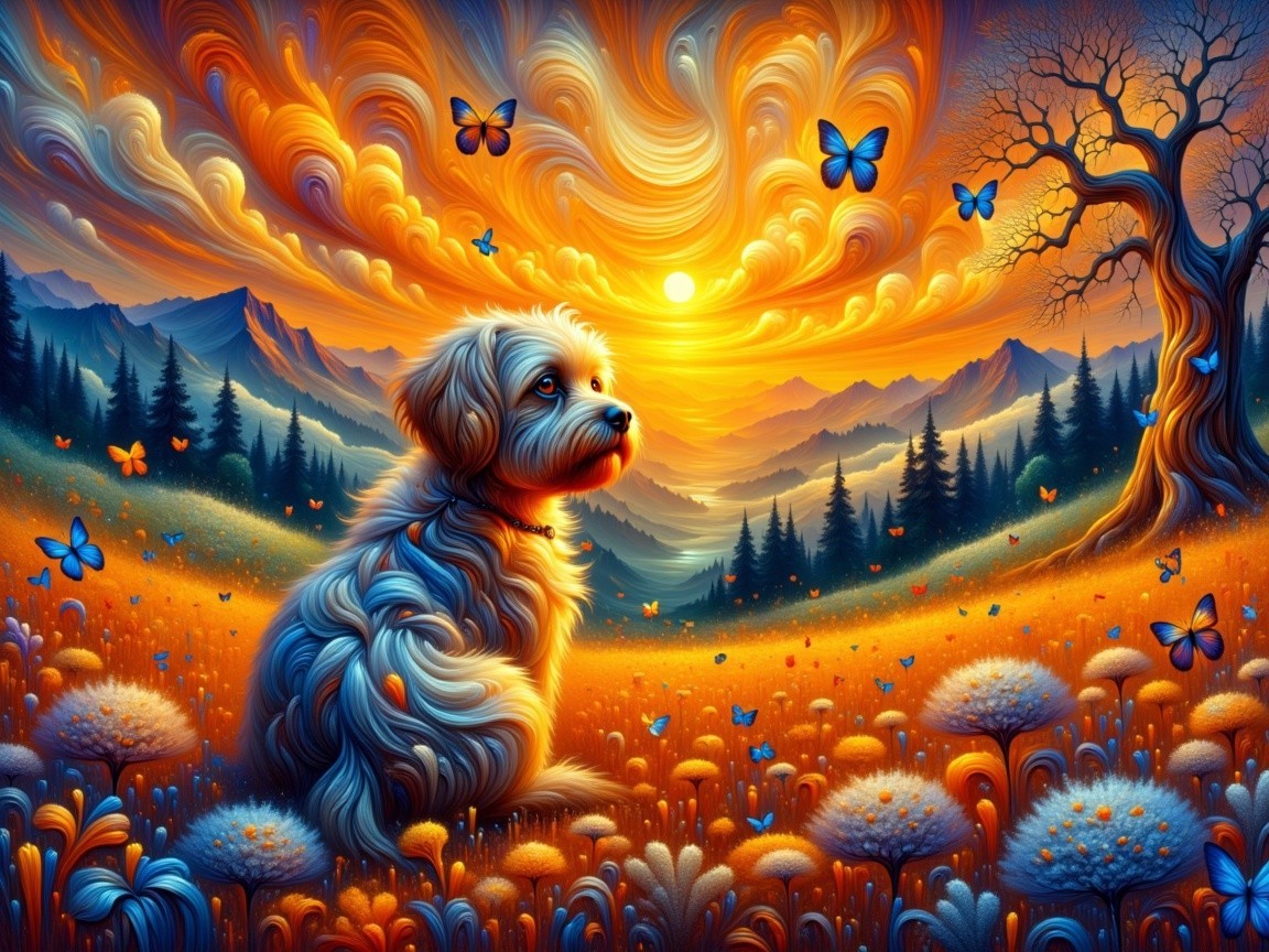 Fluffy Dog in Vibrant Sunset Landscape with Butterflies