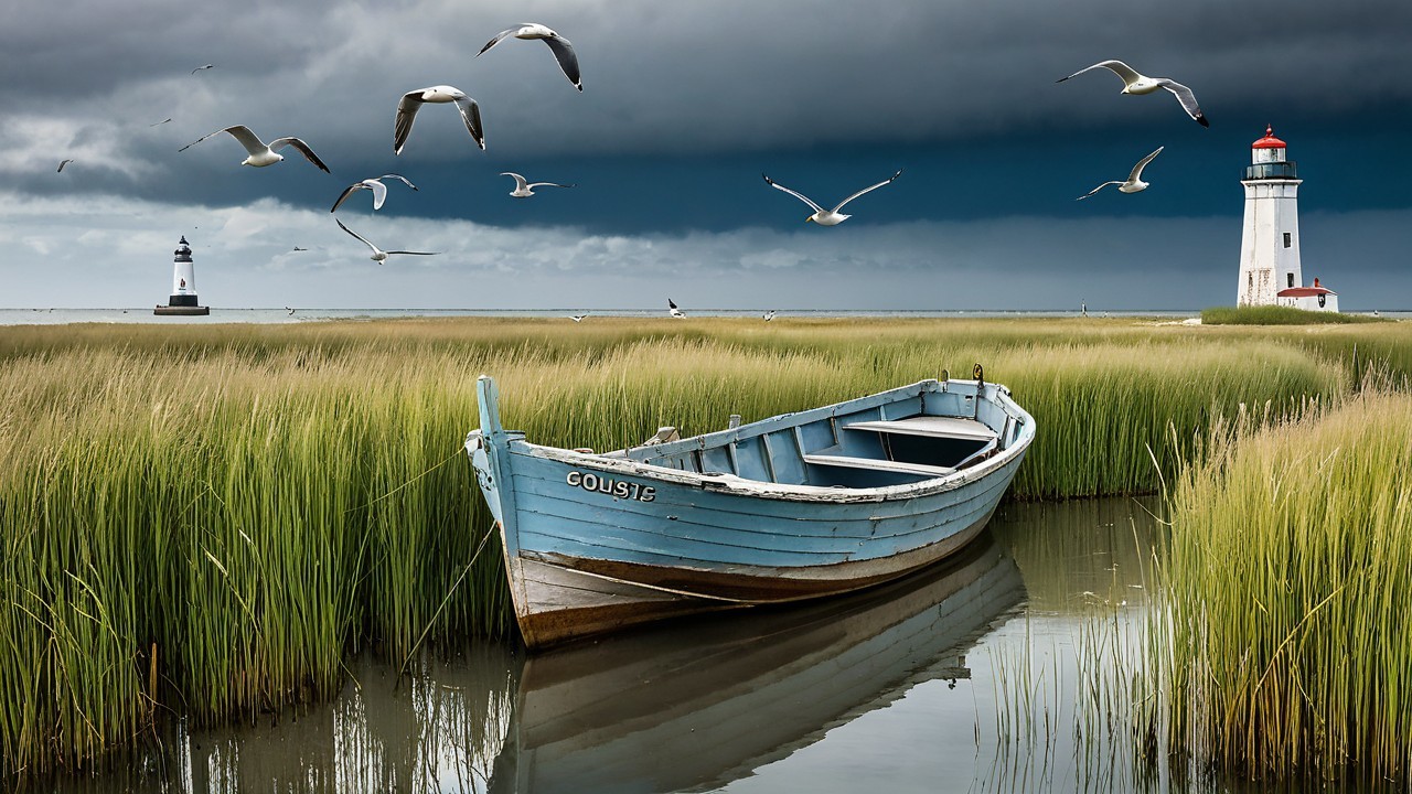 Coastal Scene with Blue Boat and Lighthouse Background