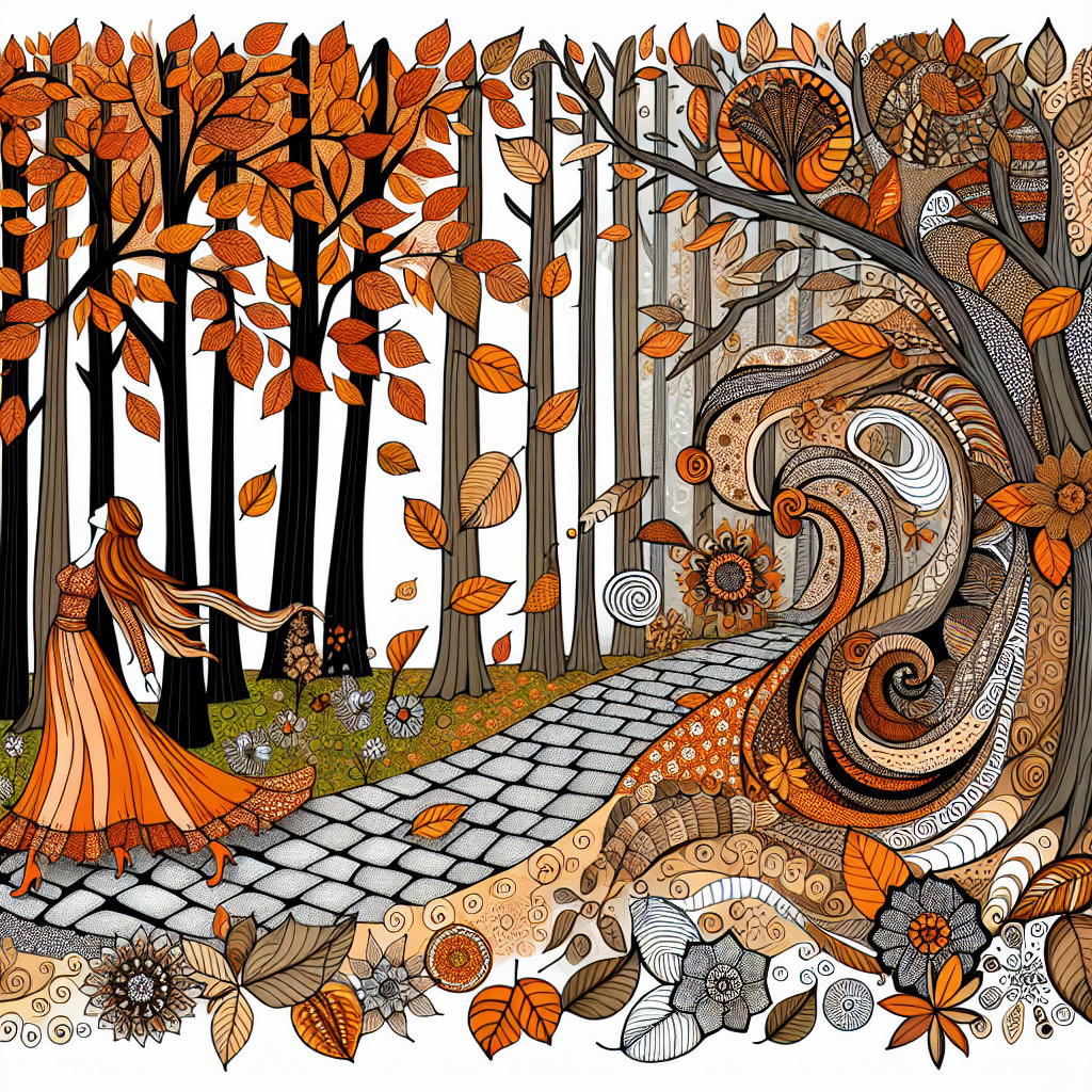 Whimsical Autumn Scene with Woman in Orange Dress