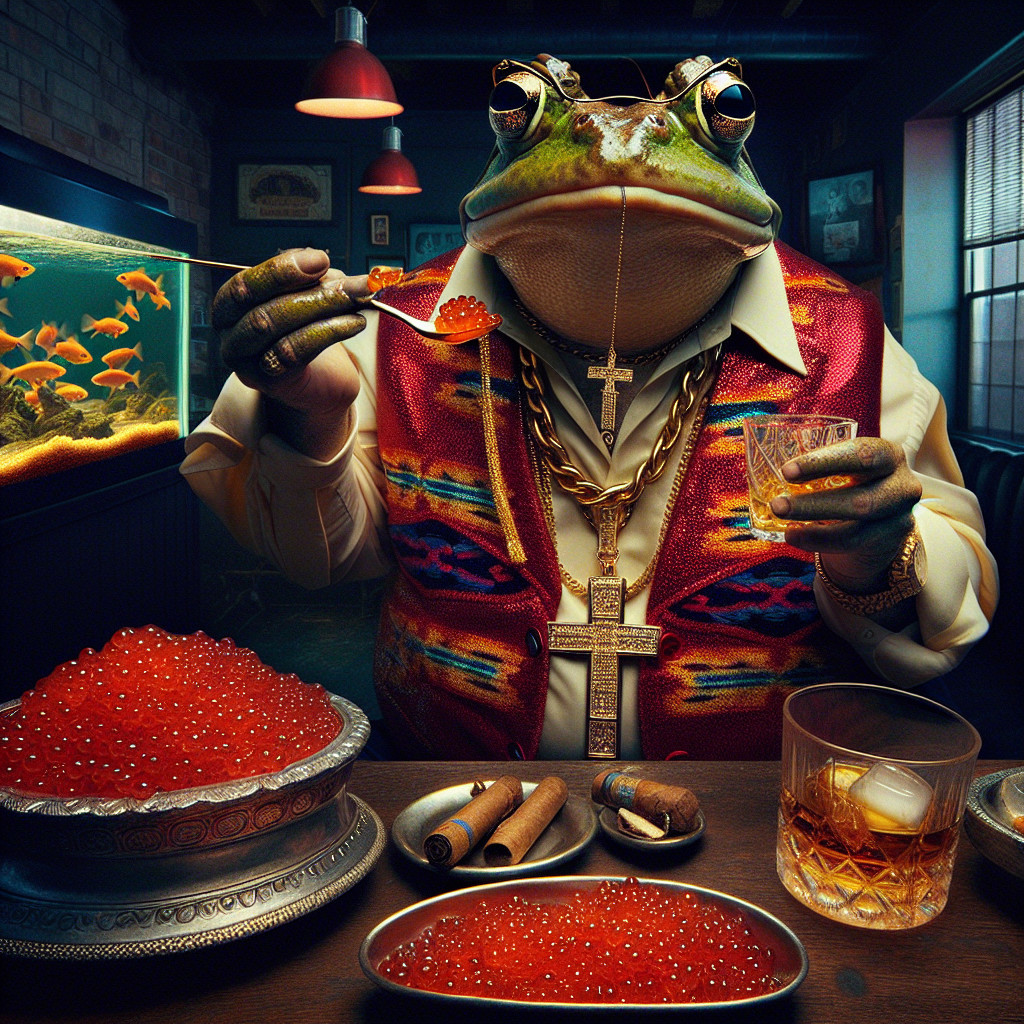 Frog in Fancy Vest with Caviar and Drinks at Table