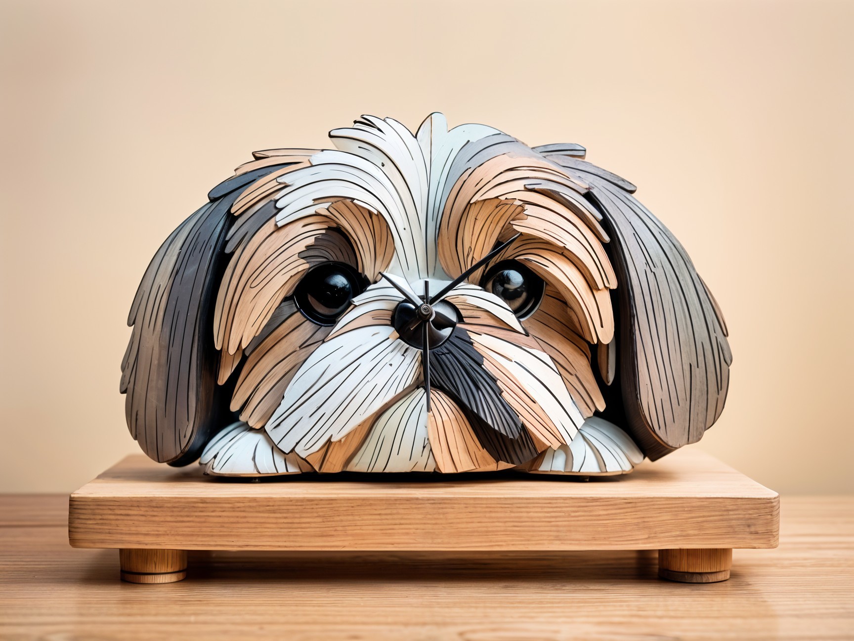 Sculpted Wooden Shih Tzu Figure with Intricate Details