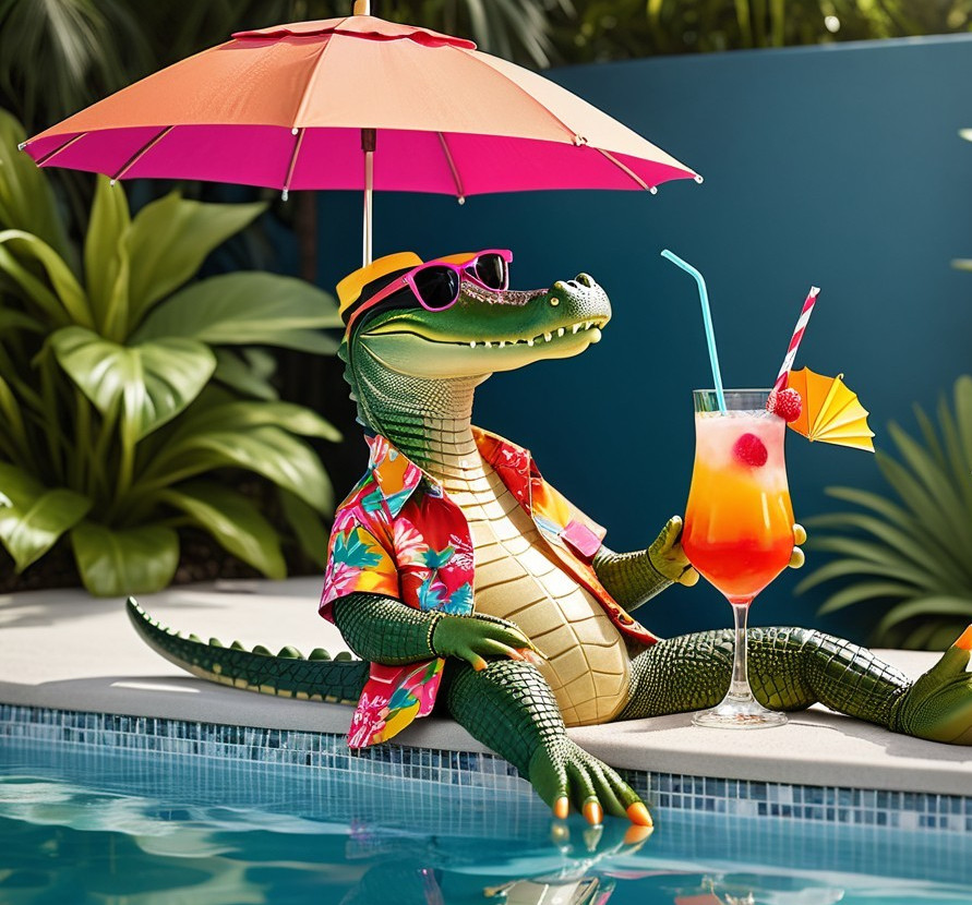 Cheerful crocodile in Hawaiian shirt by poolside
