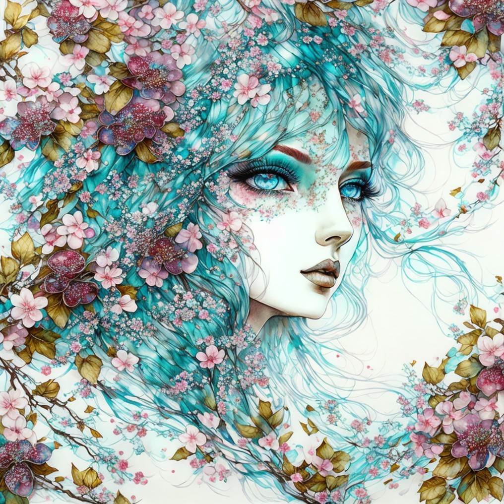Ethereal Woman with Turquoise Hair and Floral Surroundings