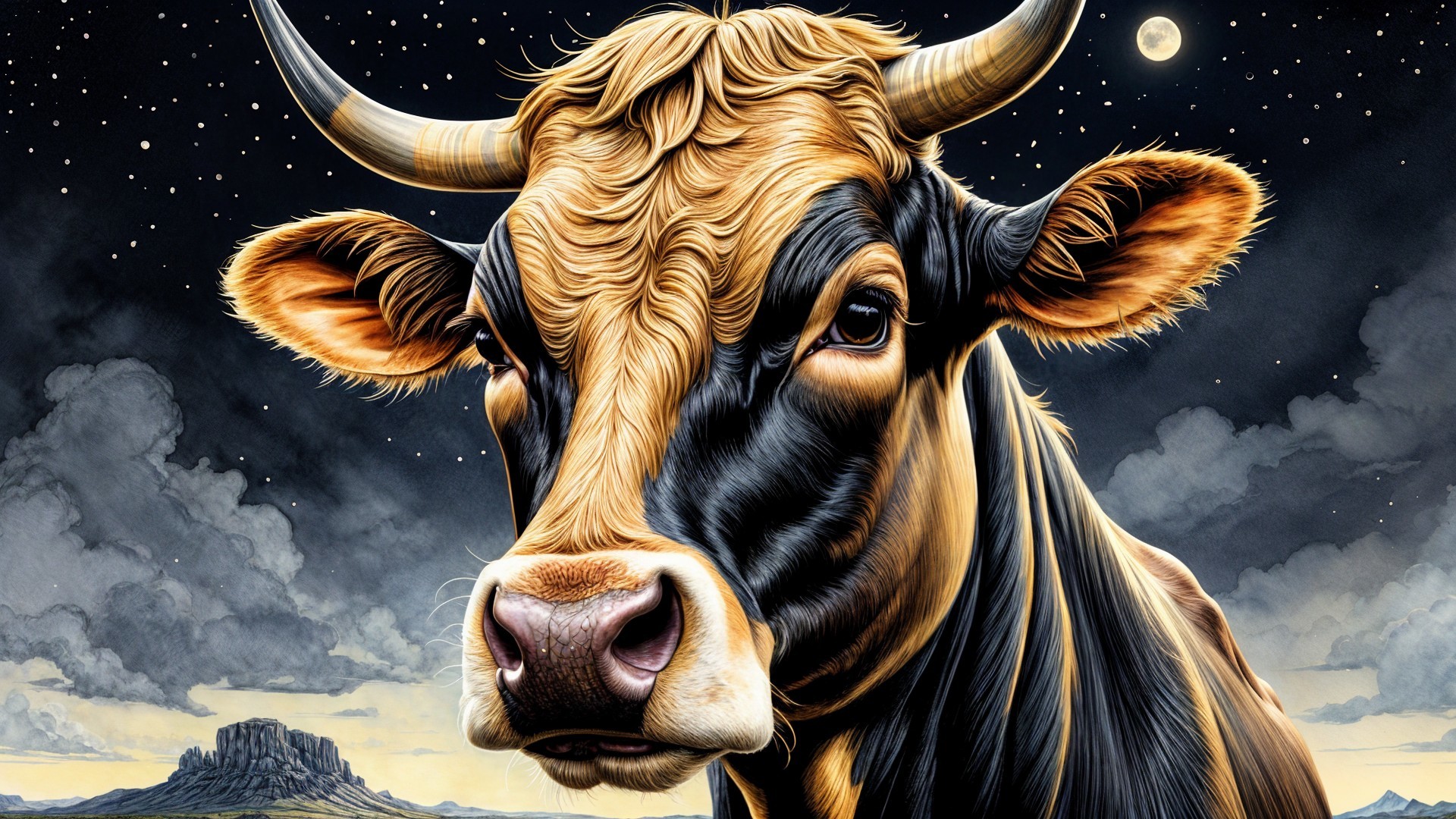 Detailed Cow Against Starry Night Sky Background