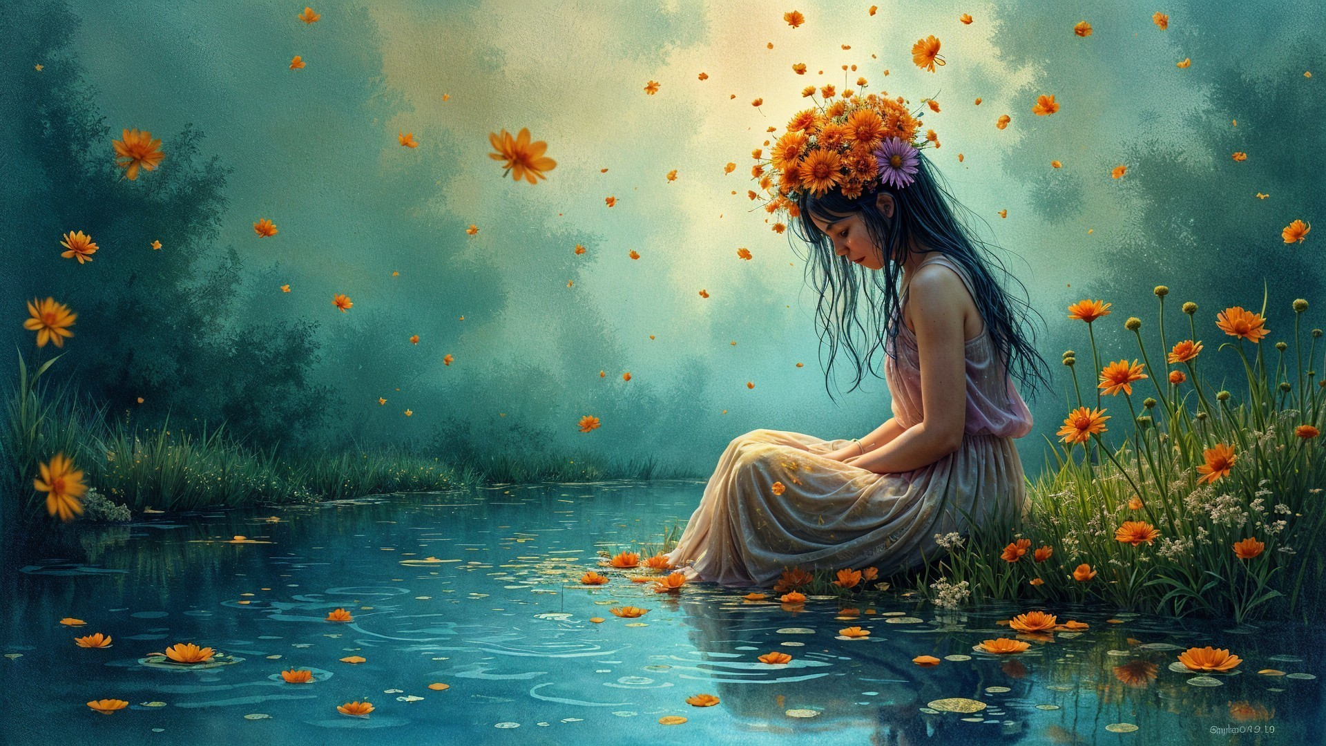 Young Girl by Tranquil Pond with Floral Crown